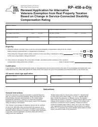 Document preview: Form RP-458-A-DIS Renewal Application for Alternative Veterans Exemption From Real Property Taxation Based on Change in Service-Connected Disability Compensation Rating - New York