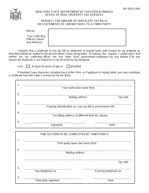 Form RP-923 Request for Mailing of Duplicate Tax Bills or Statements of Unpaid Taxes to a Third Party - New York