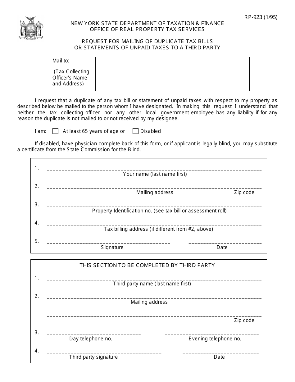 Form RP-923 Request for Mailing of Duplicate Tax Bills or Statements of Unpaid Taxes to a Third Party - New York, Page 1