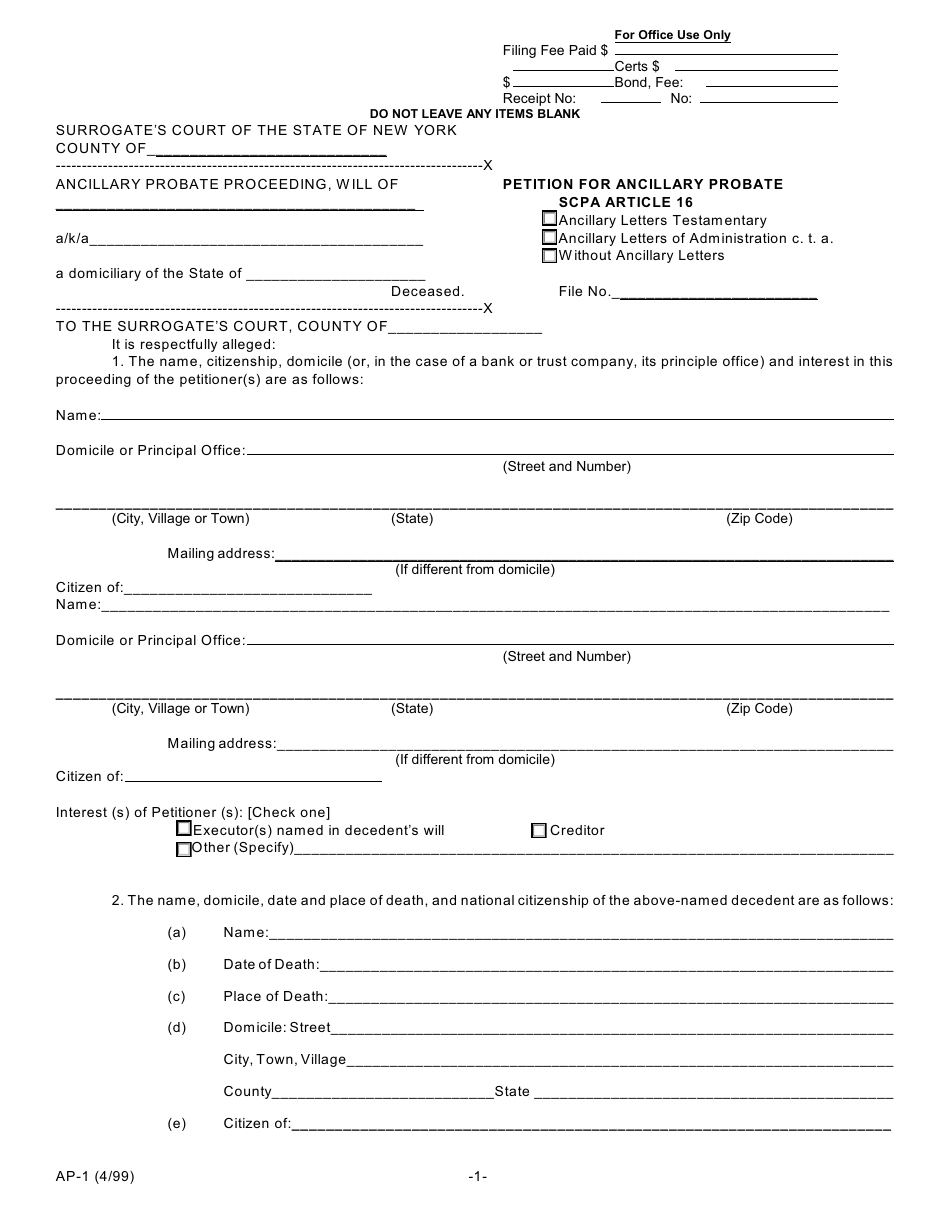 Form AP-1 Petition for Ancillary Probate - Scpa Article 16 - New York, Page 1