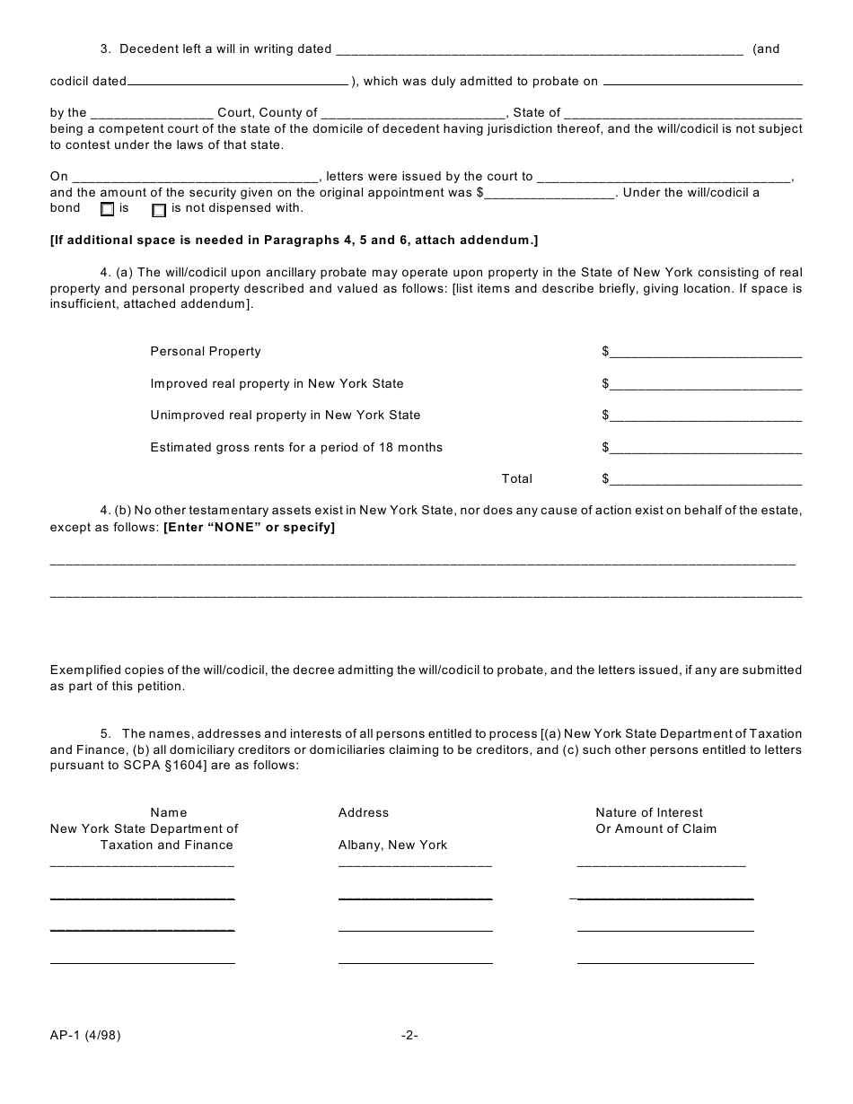 Form AP-1 Petition for Ancillary Probate - Scpa Article 16 - New York, Page 2