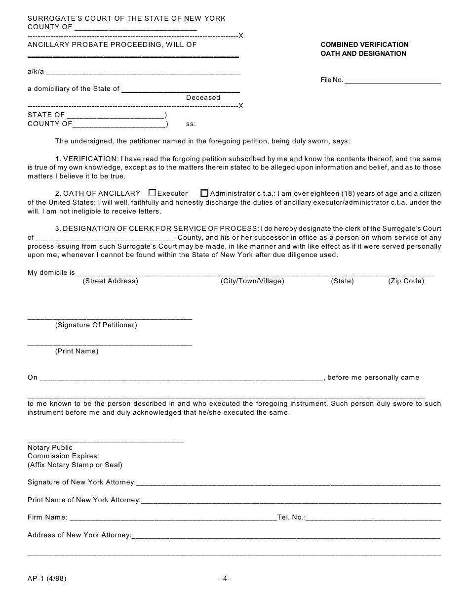 Form AP-1 Petition for Ancillary Probate - Scpa Article 16 - New York, Page 4