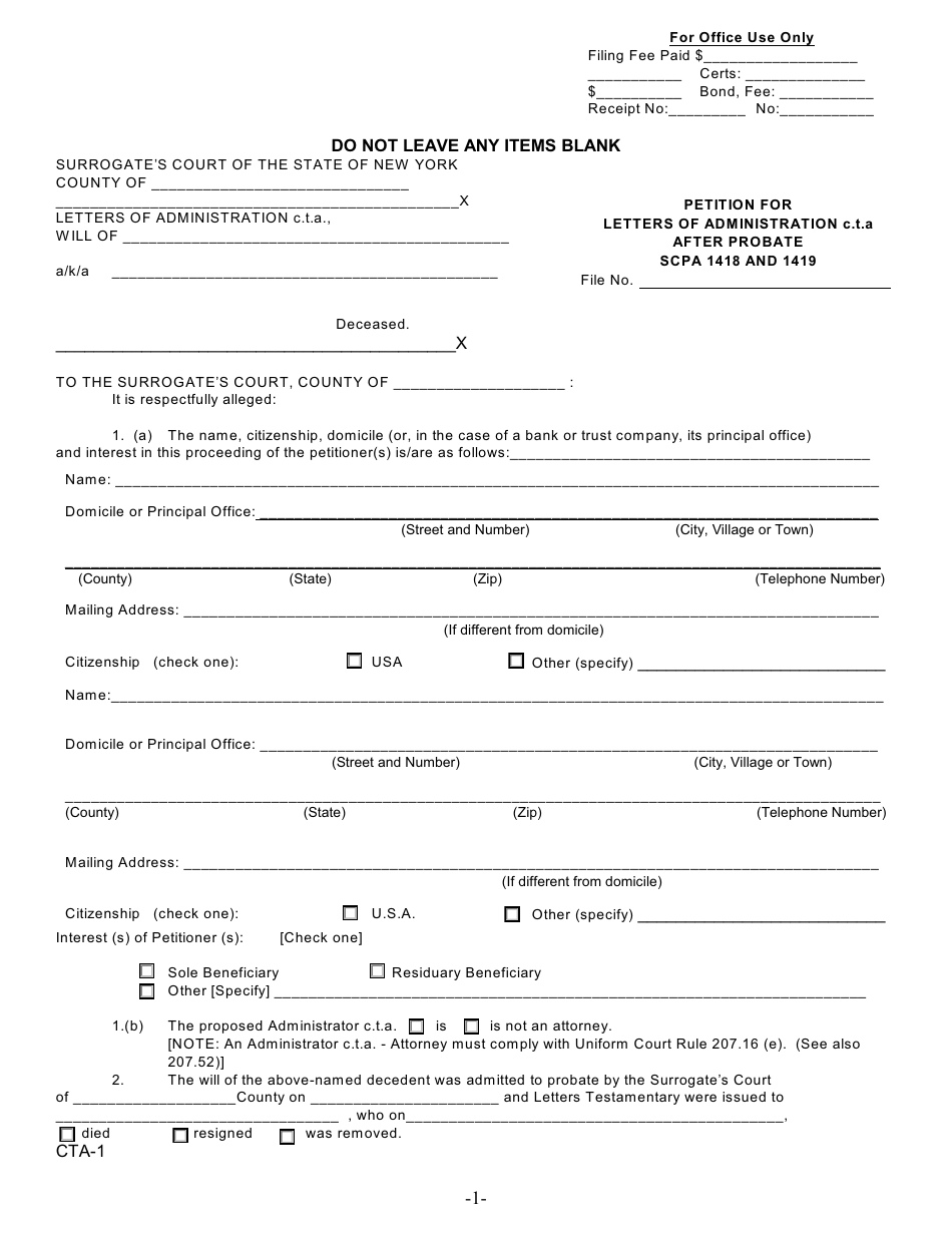 Form CTA-1 Petition for Letters of Administration C.t.a After Probate Scpa 1418 and 1419 - New York, Page 1