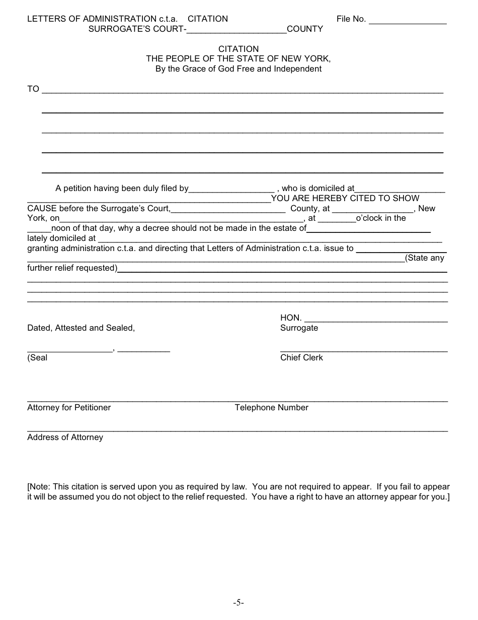 Form CTA-1 Petition for Letters of Administration C.t.a After Probate Scpa 1418 and 1419 - New York, Page 5