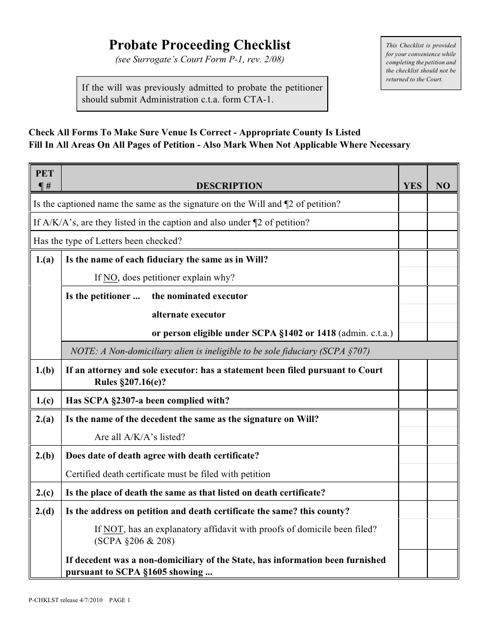 Form P-CHKLST Probate Proceeding Checklist - New York, Page 1