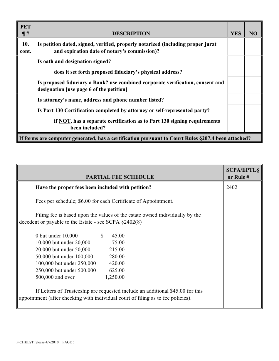 Form P-CHKLST Probate Proceeding Checklist - New York, Page 5