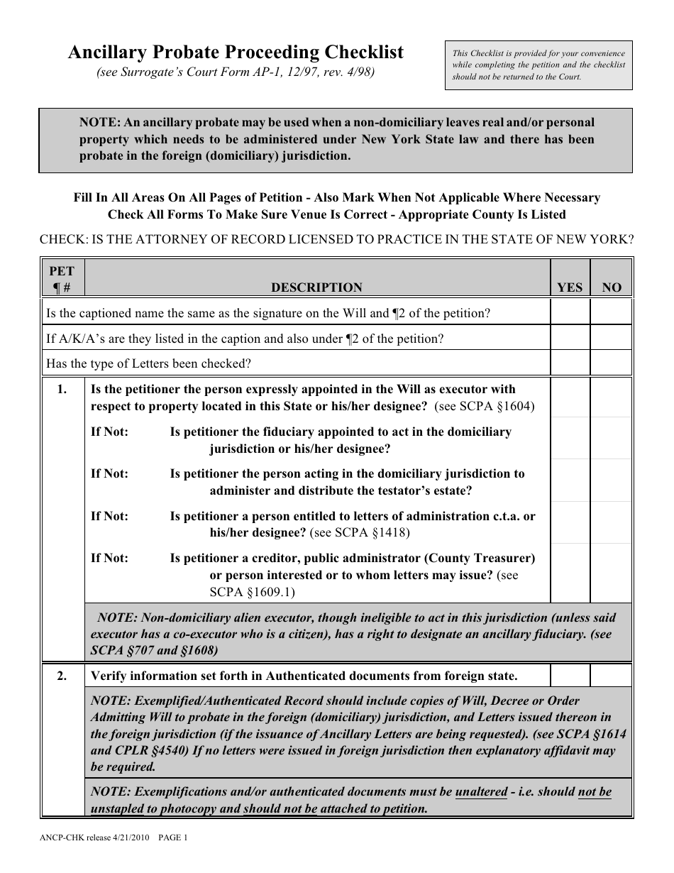 Form ANCP-CHK Ancillary Probate Proceeding Checklist - New York, Page 1