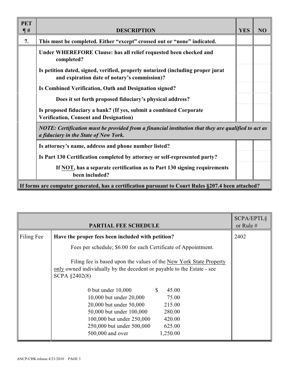 Form ANCP-CHK Ancillary Probate Proceeding Checklist - New York, Page 3