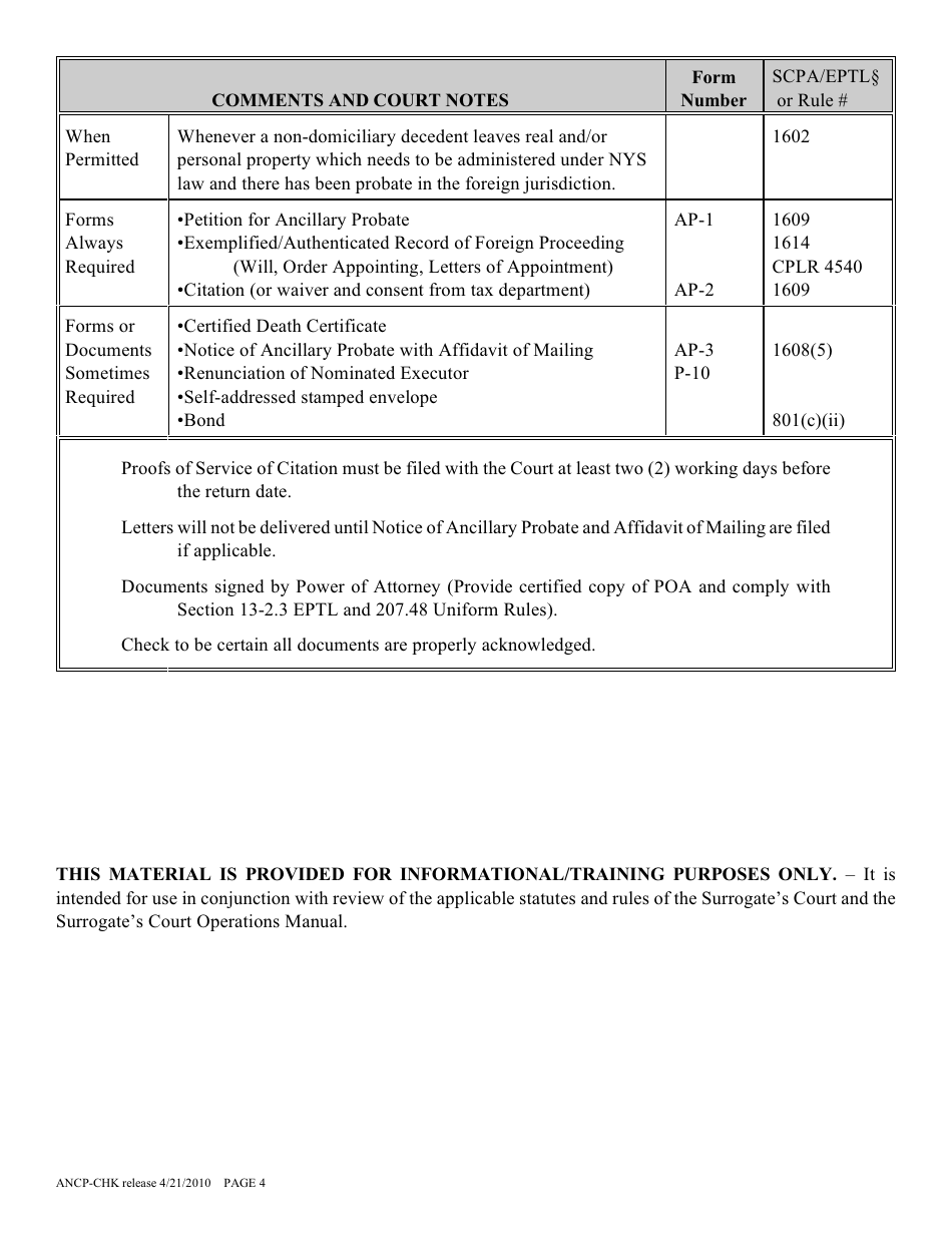 Form ANCP-CHK Ancillary Probate Proceeding Checklist - New York, Page 4