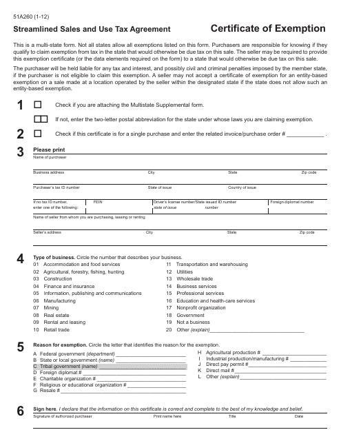 Form 51A260 Streamlined Sales and Use Tax Agreement - Certificate of Exemption - Kentucky