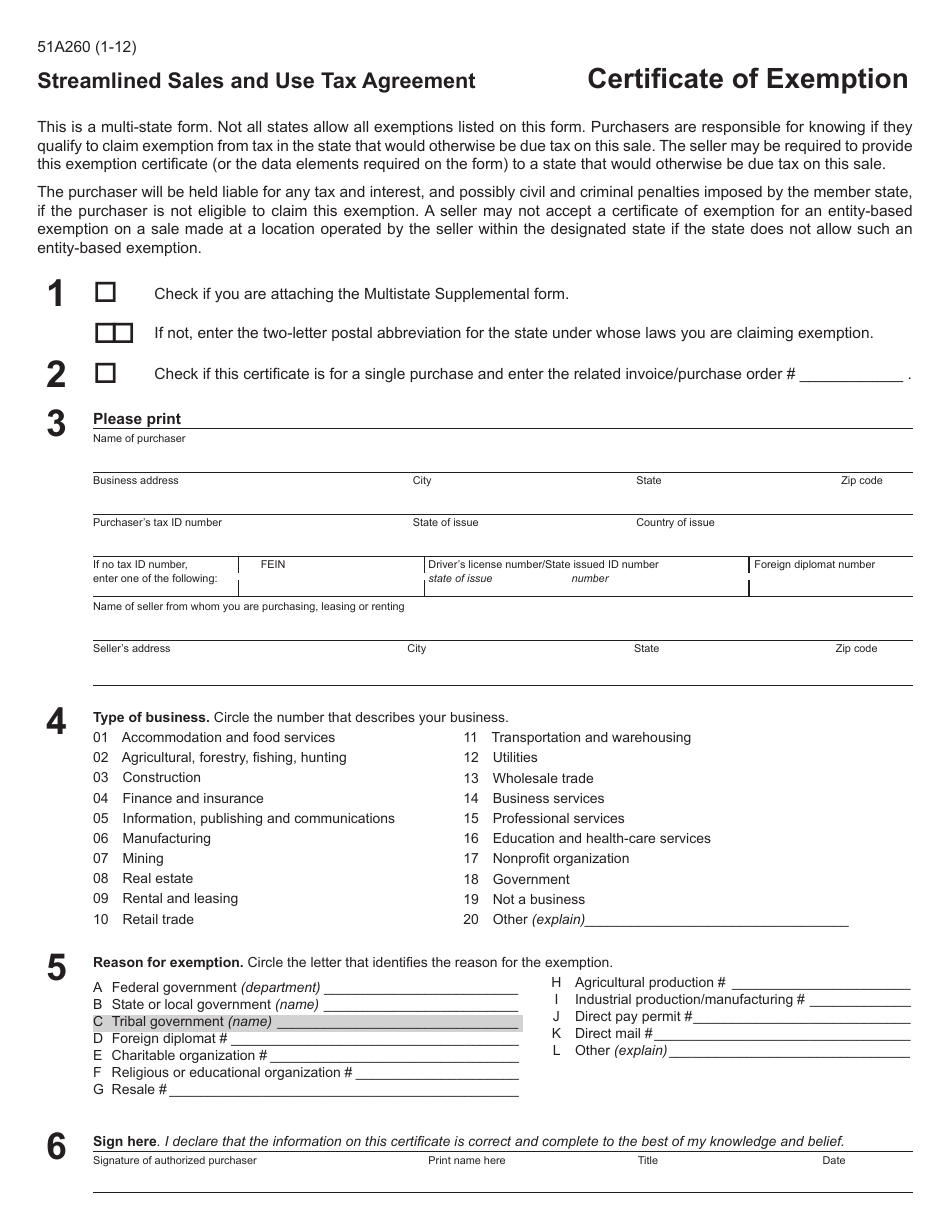 Form 51A260 Streamlined Sales and Use Tax Agreement - Certificate of Exemption - Kentucky, Page 1