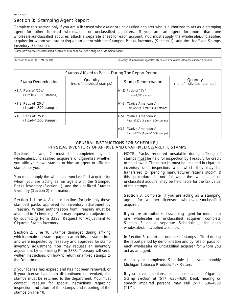 Form 3353 Schedule J Physical Inventory of Affixed and Unaffixed Cigarette Stamps - Michigan, Page 2