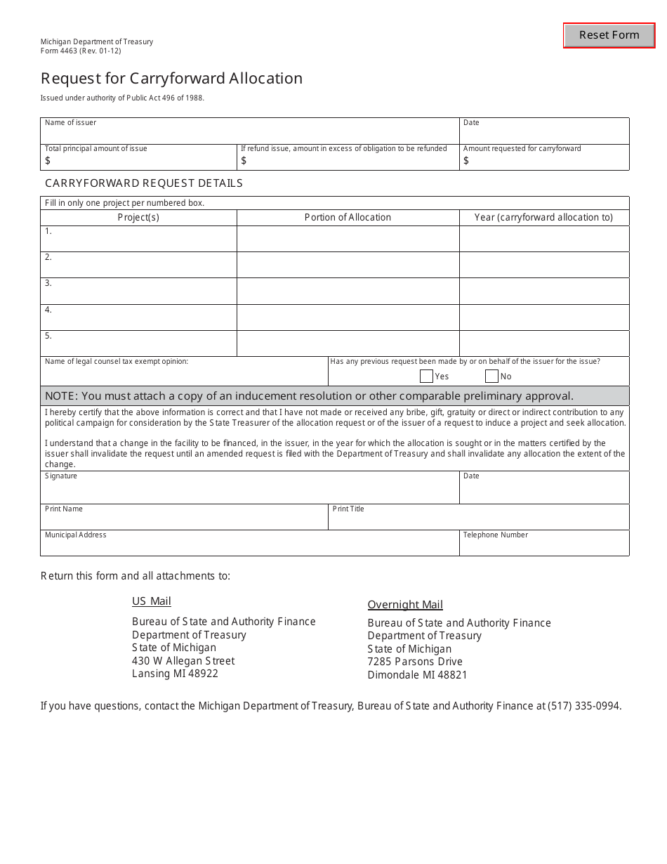 Form 4463 Request for Carryforward Allocation - Michigan, Page 1