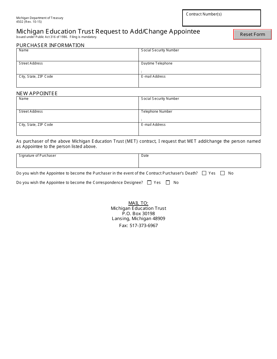 Form 4502 Michigan Education Trust Request to Add / Change Appointee - Michigan, Page 1