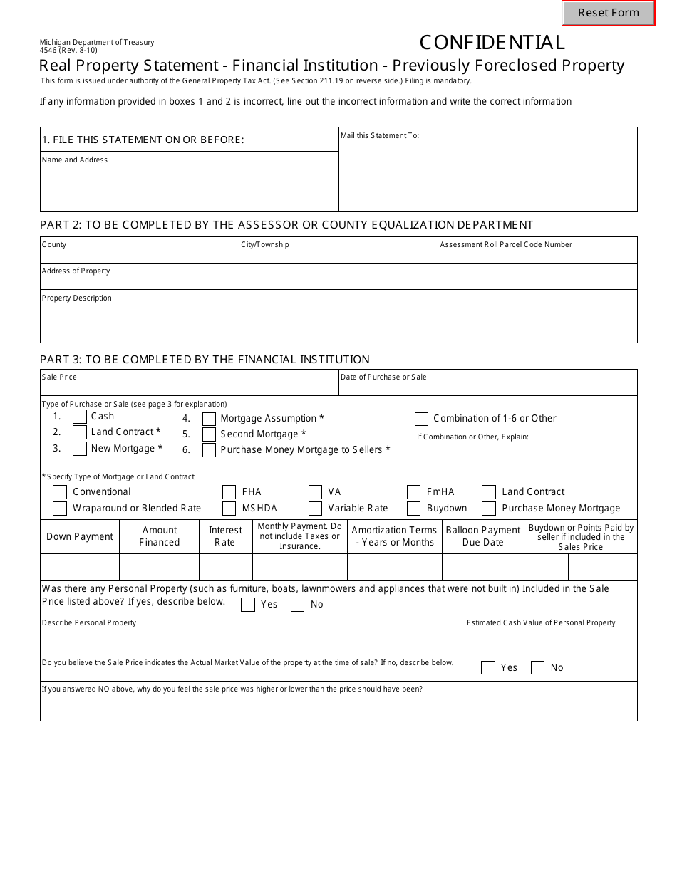 Form 4546 Real Property Statement - Financial Institution - Previously Foreclosed Property - Michigan, Page 1