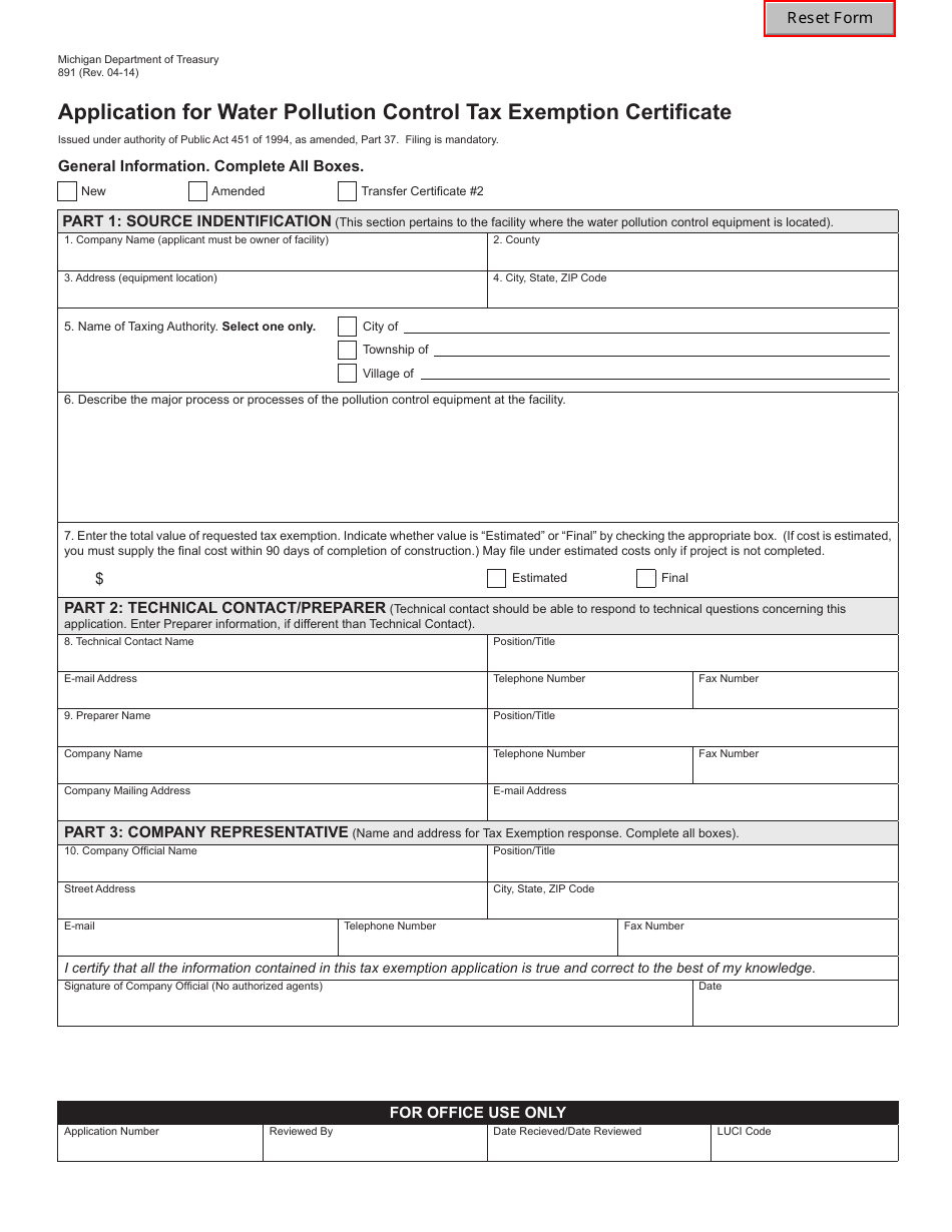 Form 891 Application for Water Pollution Control Tax Exemption Certificate - Michigan, Page 1