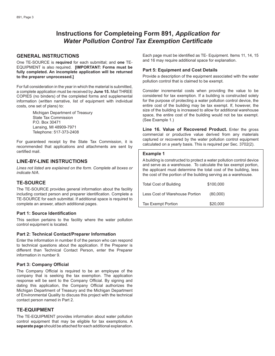 Form 891 Application for Water Pollution Control Tax Exemption Certificate - Michigan, Page 3