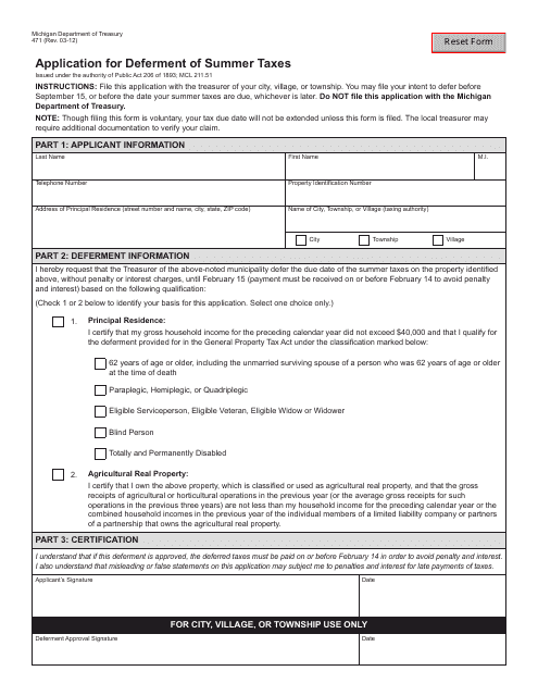 form 471 application deferment summer taxes michigan big