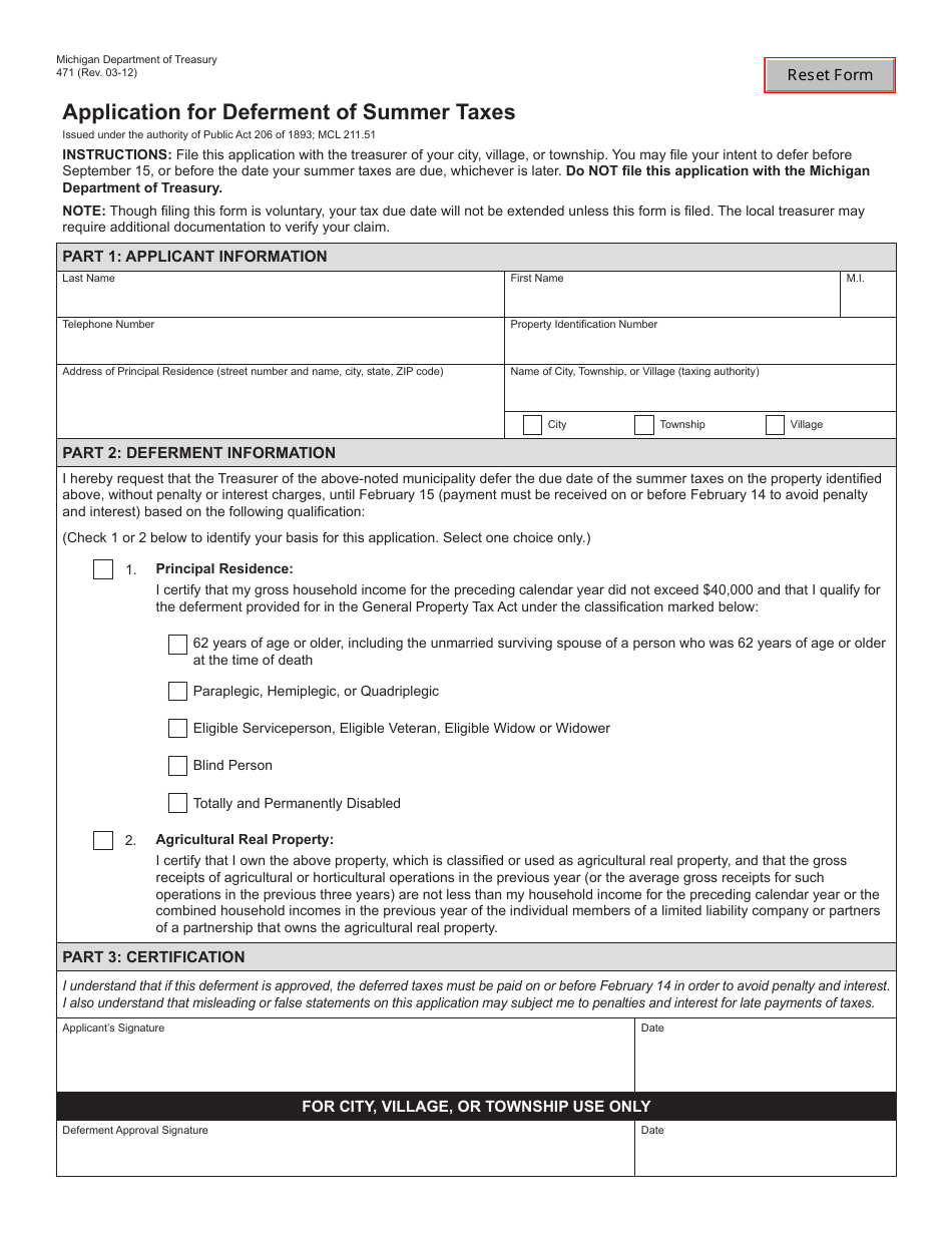 Form 471 Application for Deferment of Summer Taxes - Michigan, Page 1