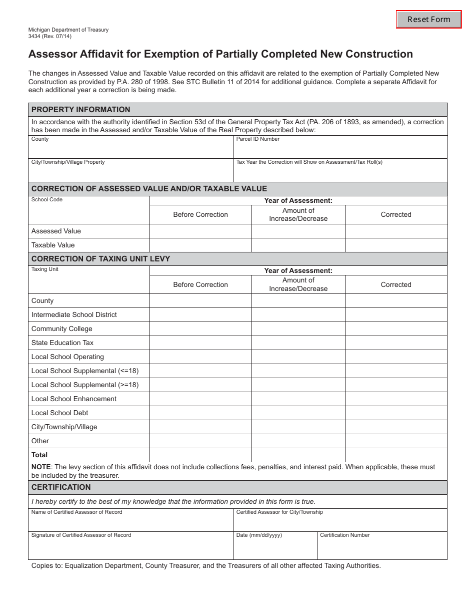 Form 3434 Assessor Affidavit for Exemption of Partially Completed New Construction - Michigan, Page 1