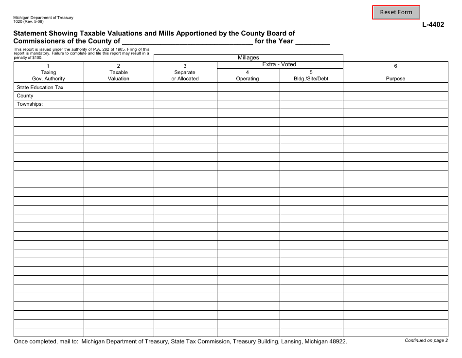 Form 1020 - Fill Out, Sign Online and Download Fillable PDF, Michigan