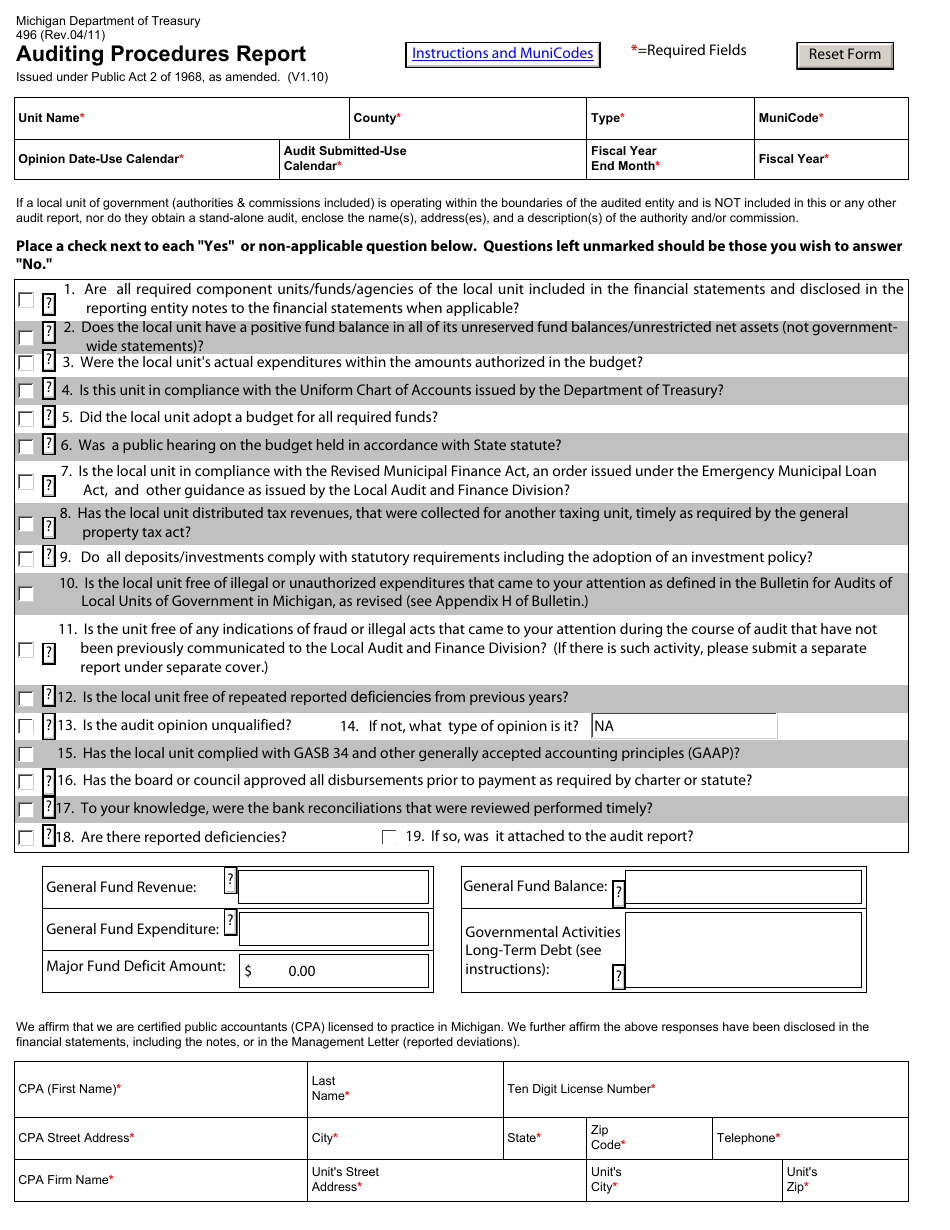 Form 496 Auditing Procedures Report - Michigan, Page 1
