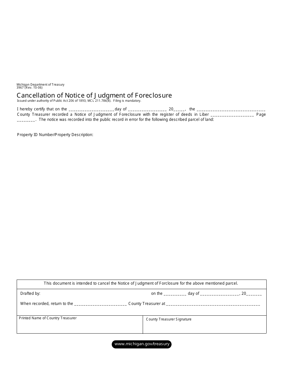 Form 3967 Cancellation of Notice of Judgment of Foreclosure - Michigan, Page 1