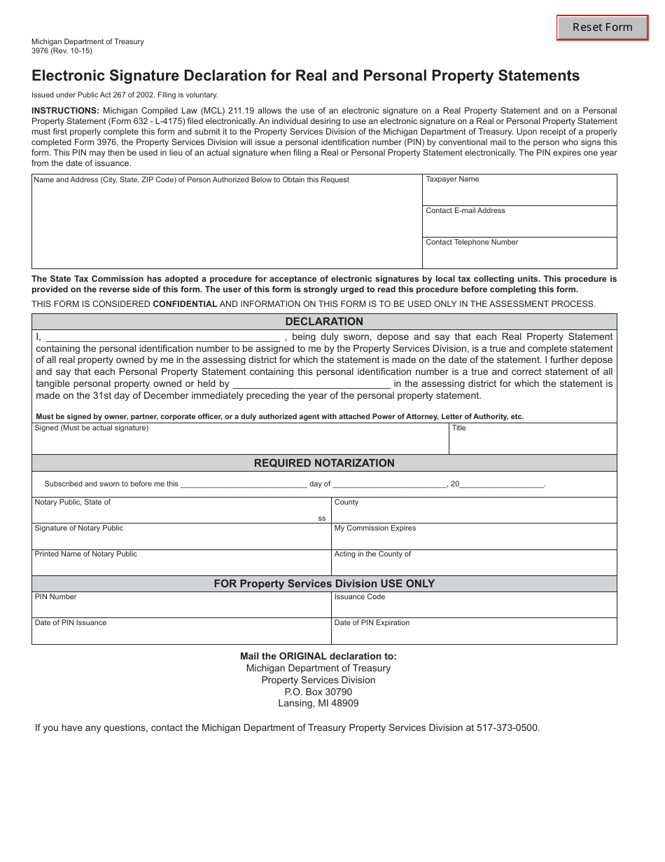 Form 3976 Electronic Signature Declaration for Real and Personal Property Statements - Michigan, Page 1