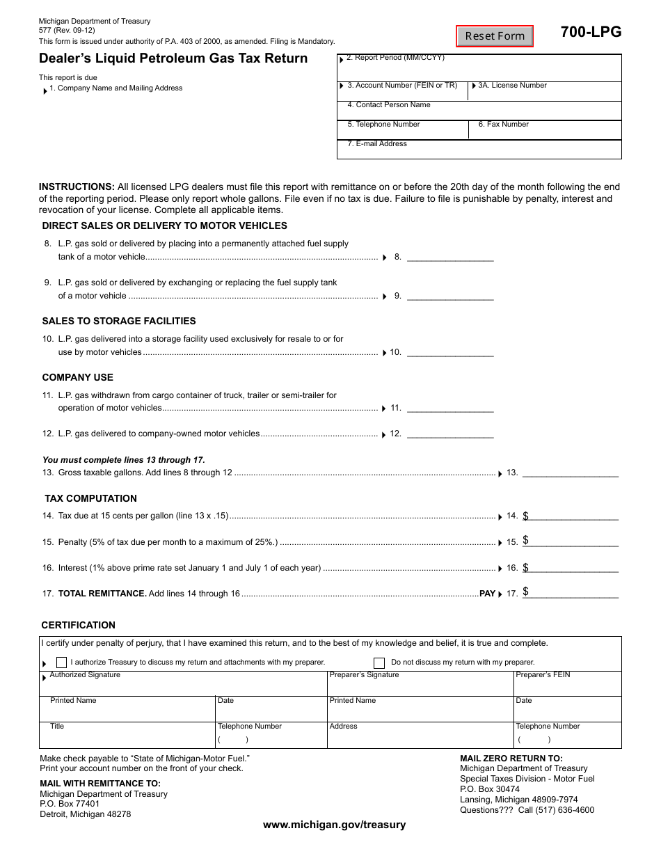 Form 577 (700-LPG) Dealers Liquid Petroleum Gas Tax Return - Michigan, Page 1