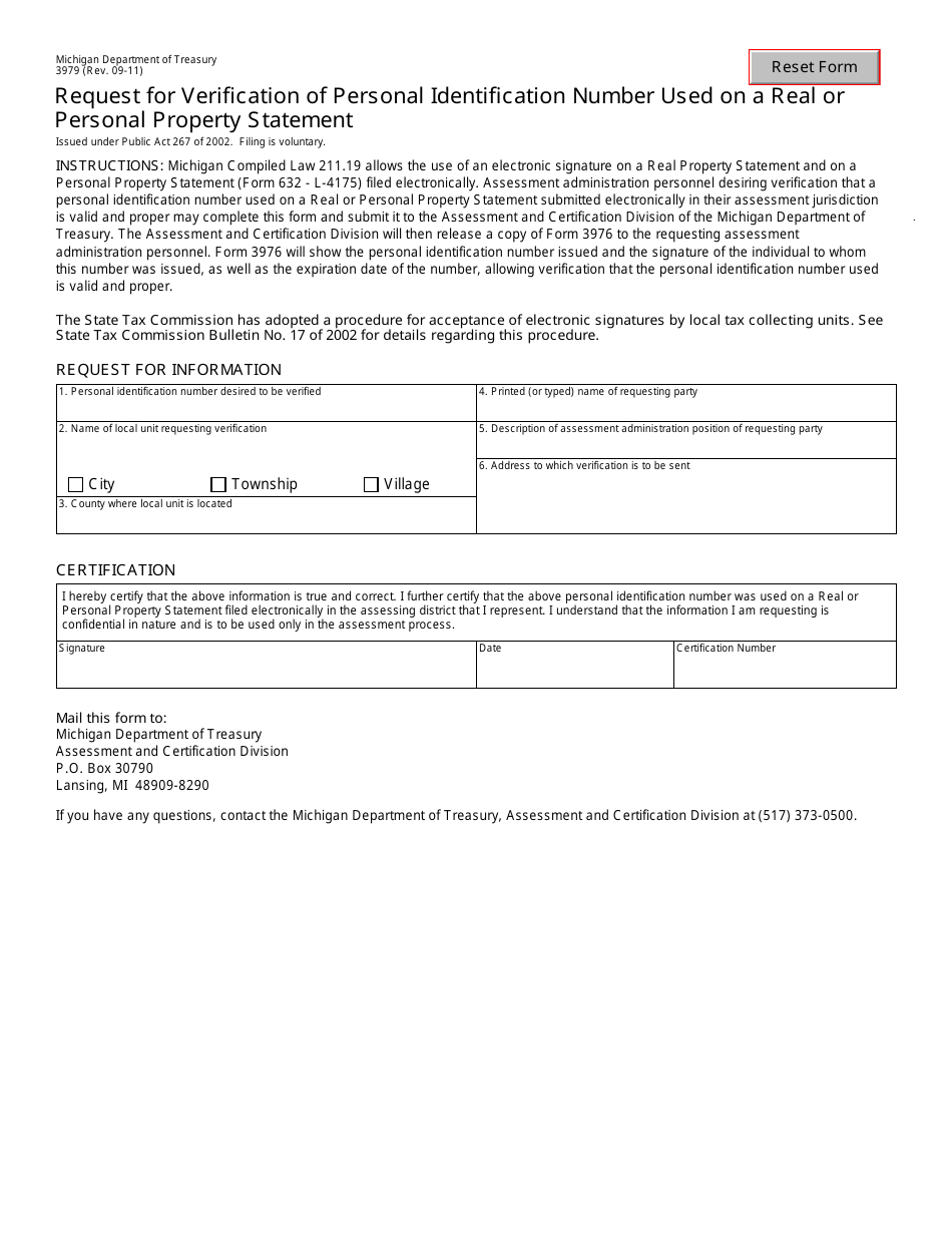 Form 3979 Request for Verification of Personal Identification Number Used on a Real or Personal Property Statement - Michigan, Page 1