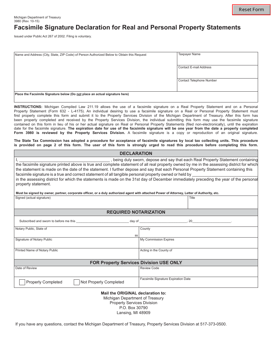 Form 3980 Facsimile Signature Declaration for Real and Personal Property Statements - Michigan, Page 1