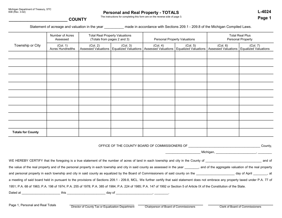 Form 608 (L-4024) Report of Equalization - Michigan, Page 1