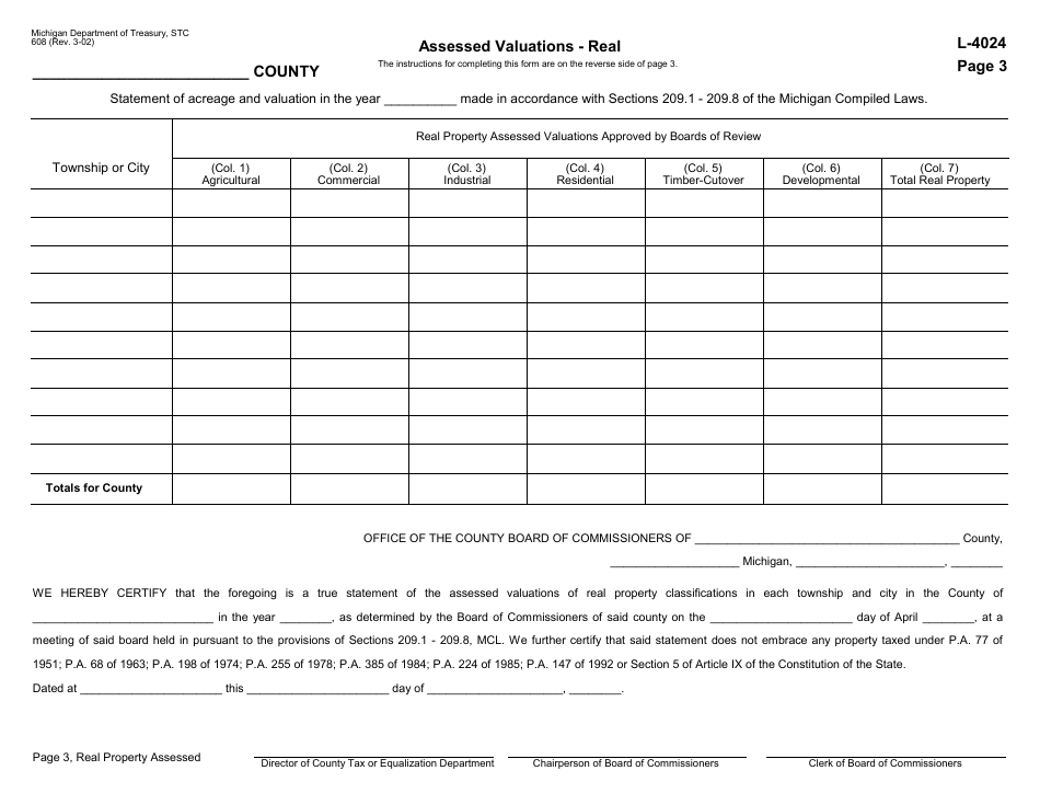 Form 608 (L-4024) Report of Equalization - Michigan, Page 3