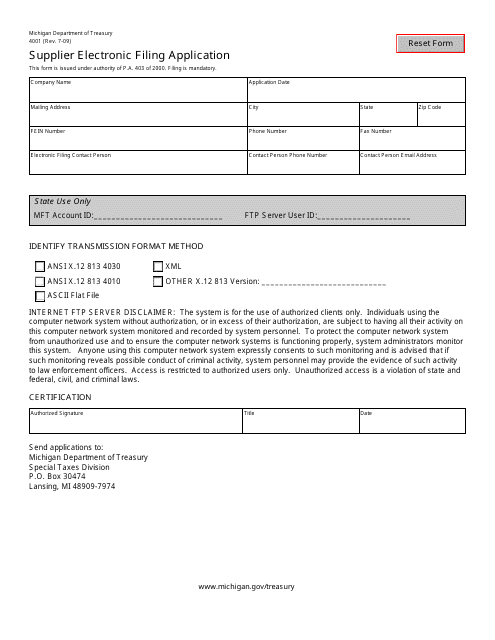 Form 4001 Supplier Electronic Filing Application - Michigan
