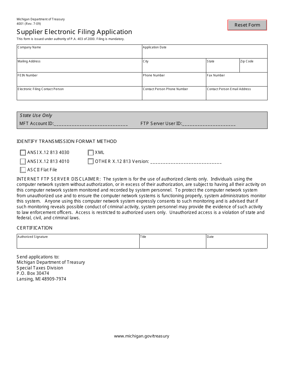 Form 4001 Supplier Electronic Filing Application - Michigan, Page 1
