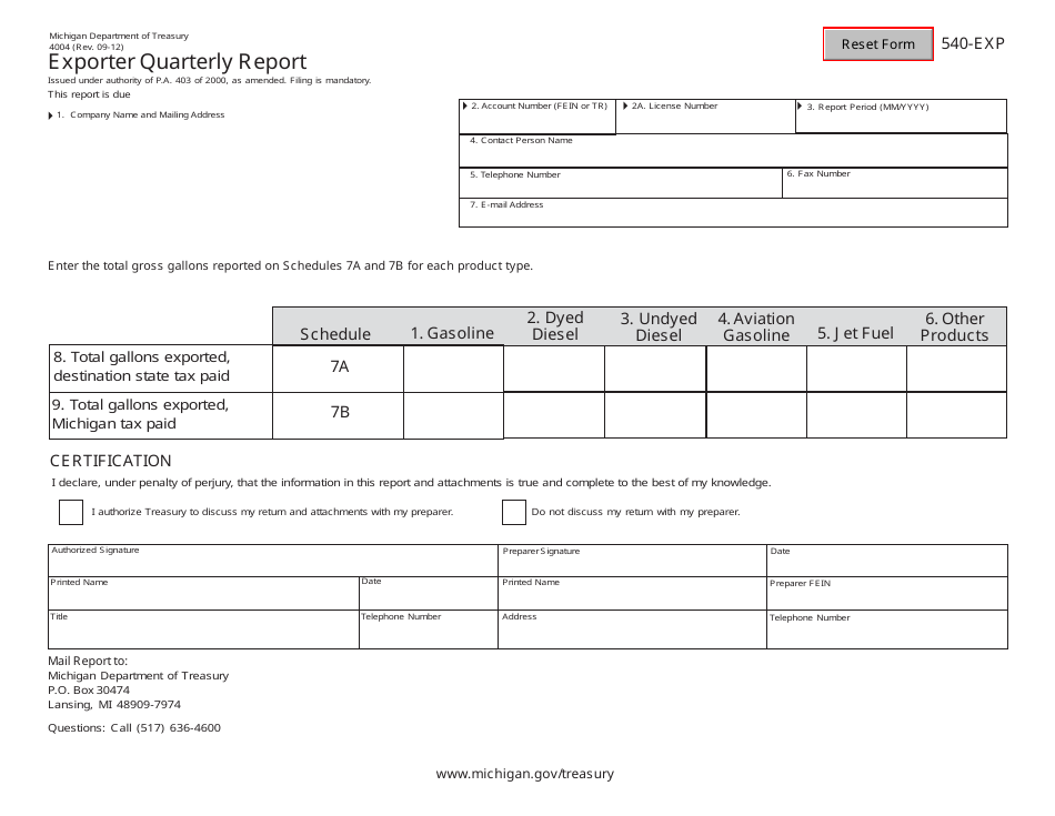 Form 4004 (500-EXP) Exporter Quarterly Report - Michigan, Page 1