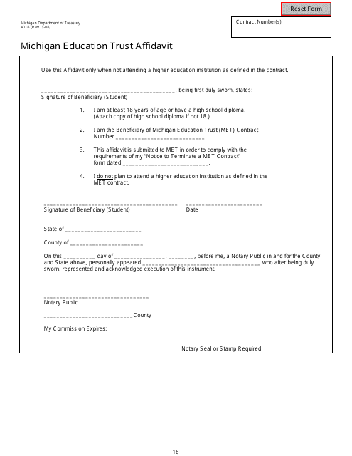 Form 4016 Michigan Education Trust Affidavit - Michigan