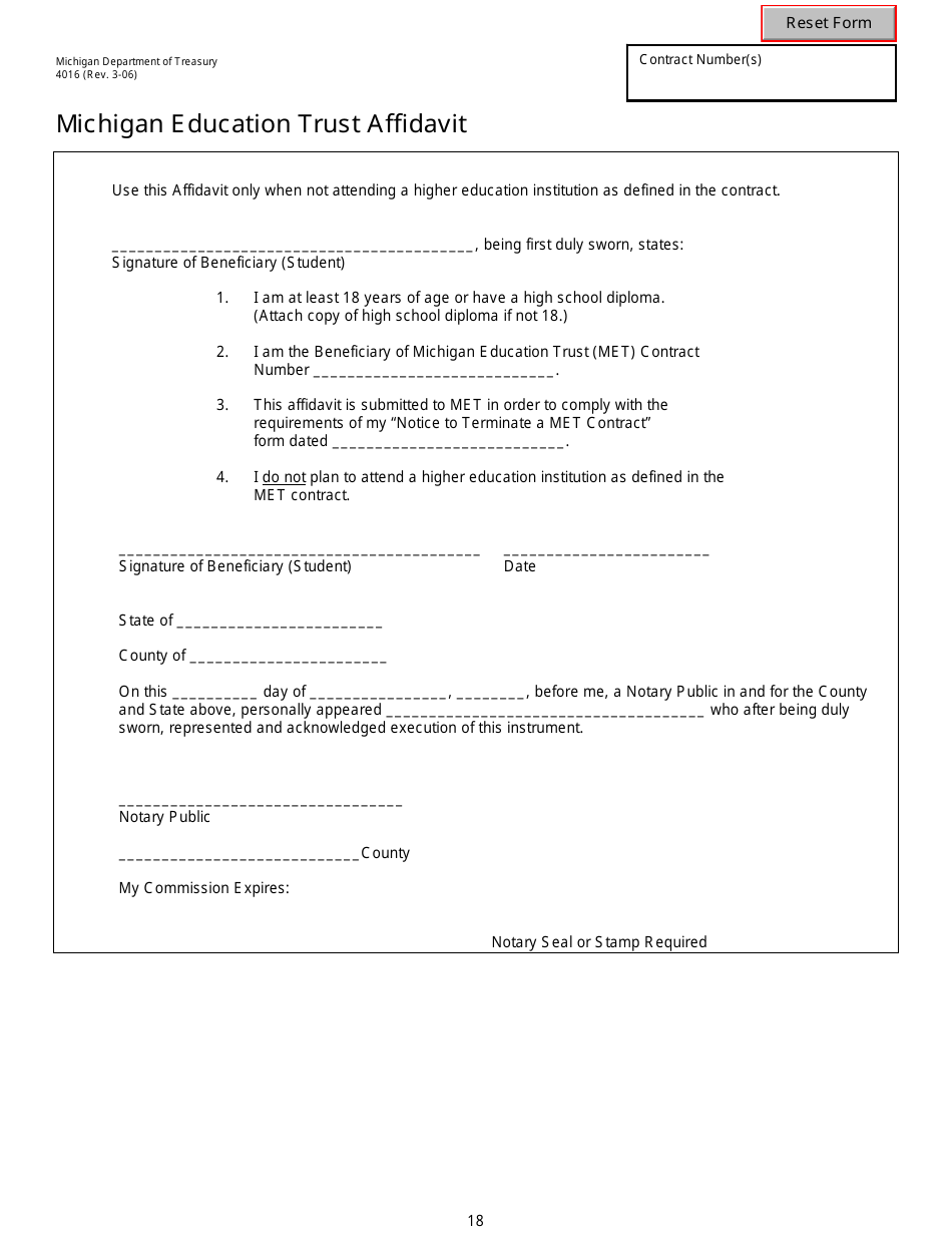 Form 4016 Michigan Education Trust Affidavit - Michigan, Page 1