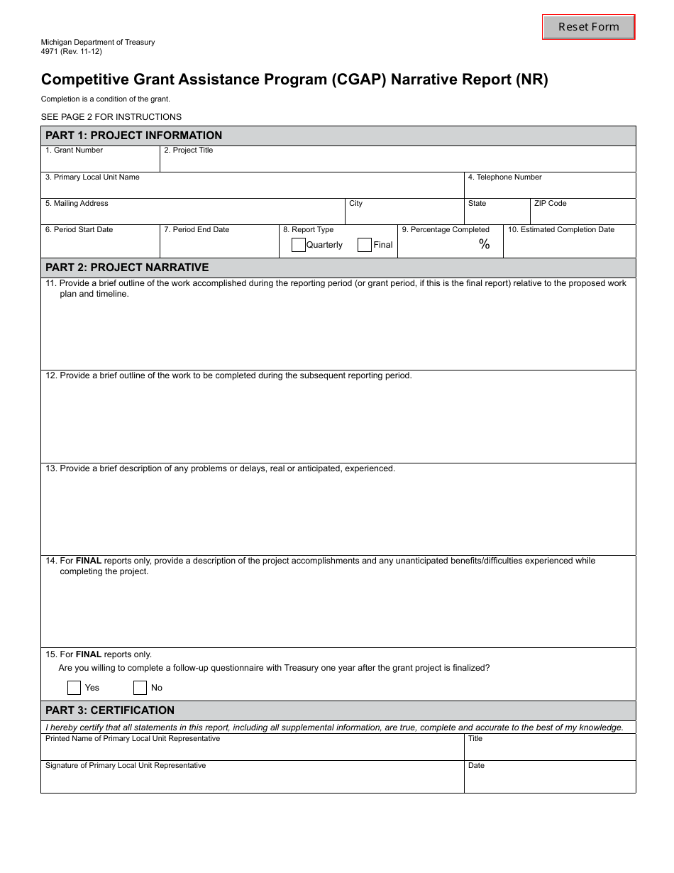 Form 4971 Competitive Grant Assistance Program (Cgap) Narrative Report (Nr) - Michigan, Page 1