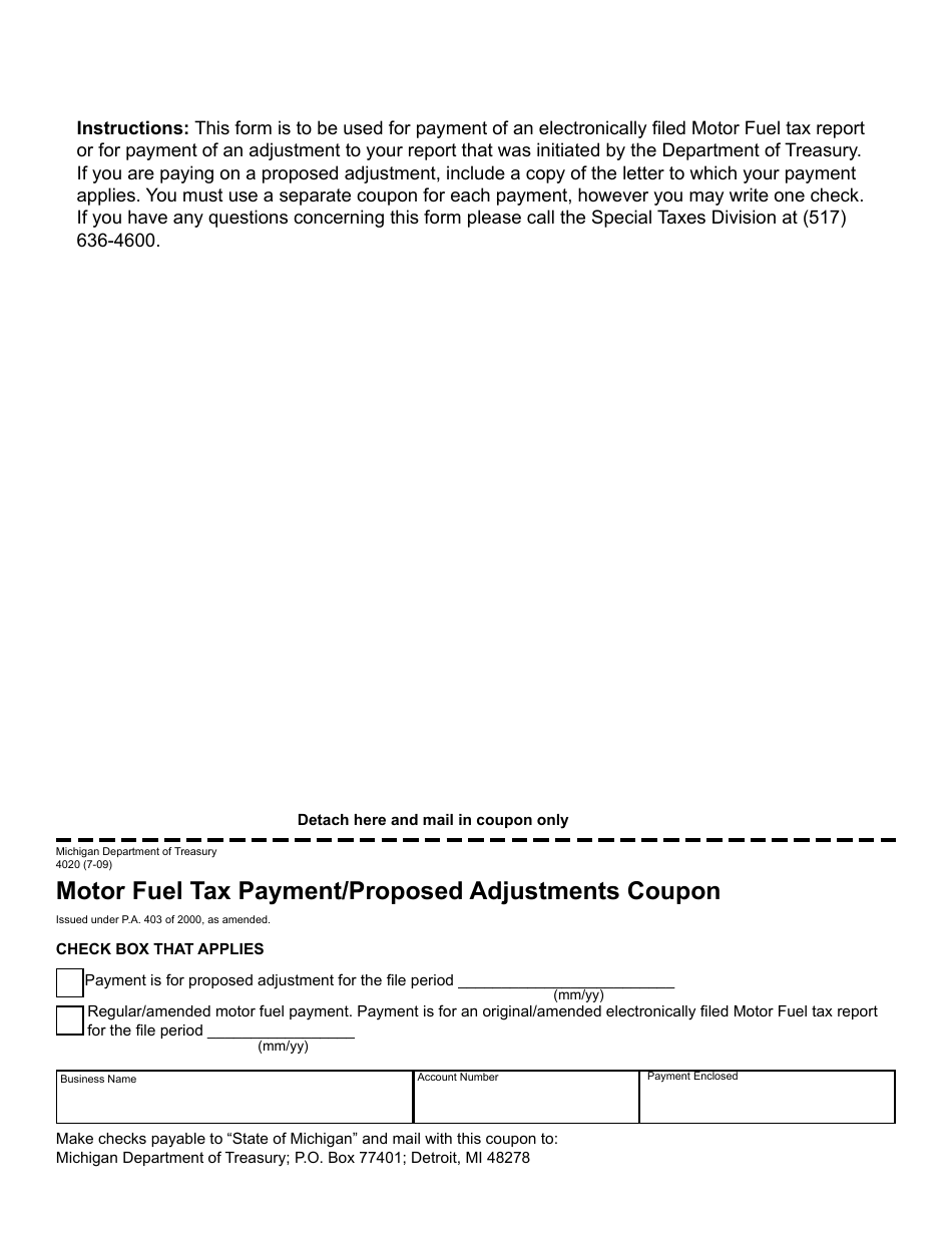 Form 4020 Motor Fuel Tax Payment / Proposed Adjustments Coupon - Michigan, Page 1