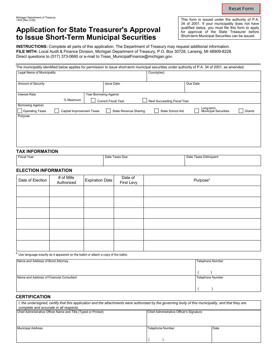 Form 1435 Application for State Treasurers Approval to Issue Short-Term Municipal Securities - Michigan, Page 1
