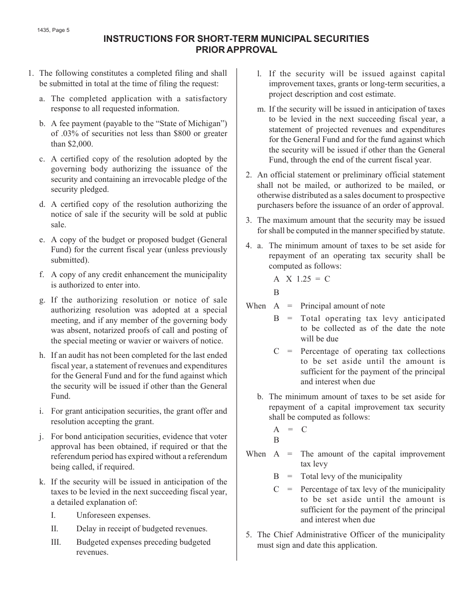 Form 1435 Application for State Treasurers Approval to Issue Short-Term Municipal Securities - Michigan, Page 5
