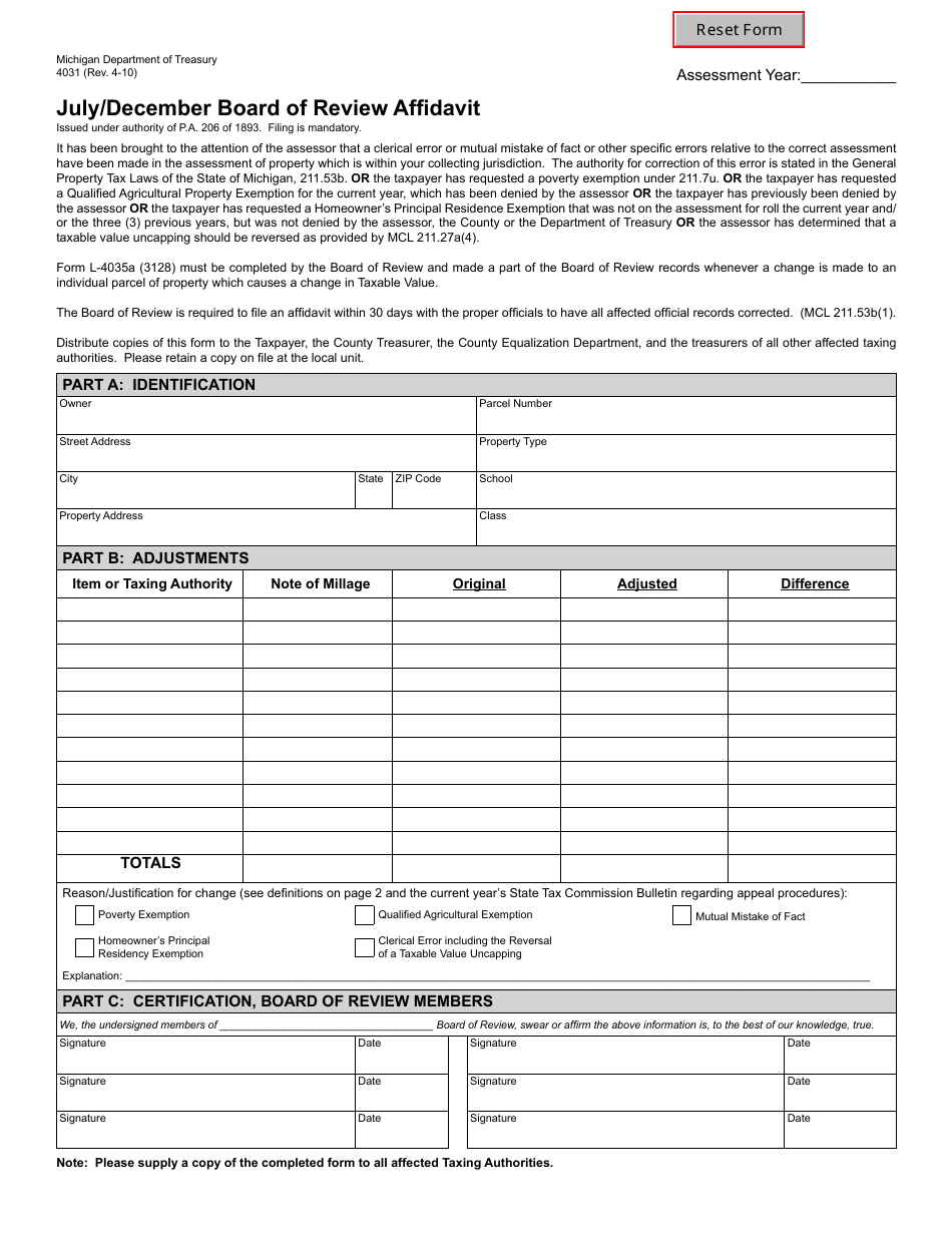 Form 4031 July / December Board of Review Affidavit - Michigan, Page 1
