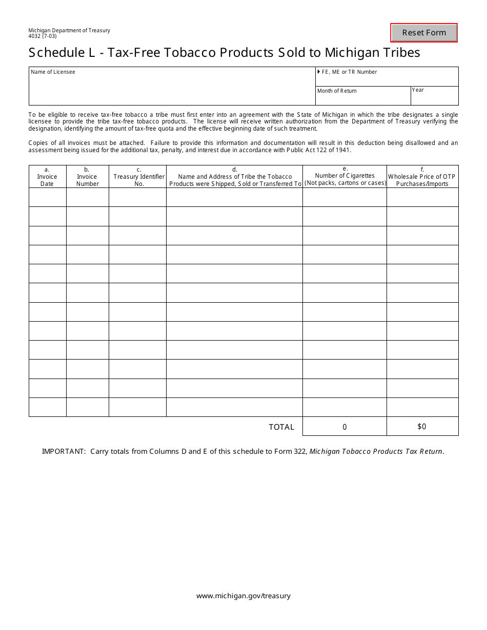 Form 4032 Schedule L Tax-Free Tobacco Products Sold to Michigan Tribes - Michigan, Page 1