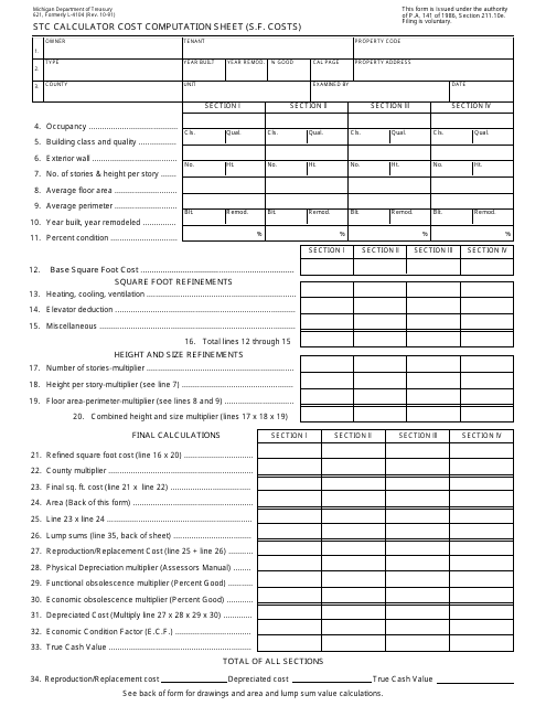 Form 621 Stc Calculator Cost Computation Sheet (S.f. Costs) - Michigan