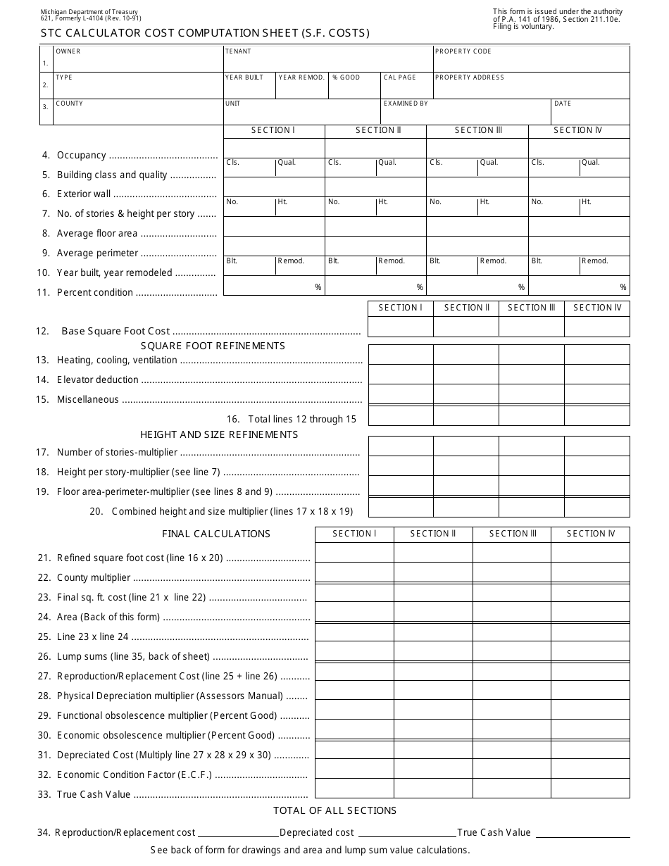 Form 621 Stc Calculator Cost Computation Sheet (S.f. Costs) - Michigan, Page 1