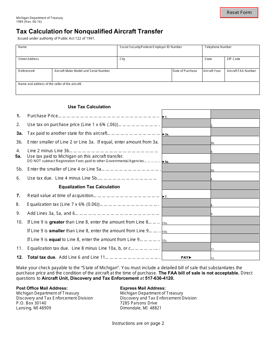 Form 1989 Tax Calculation for Nonqualified Aircraft Transfer - Michigan, Page 1