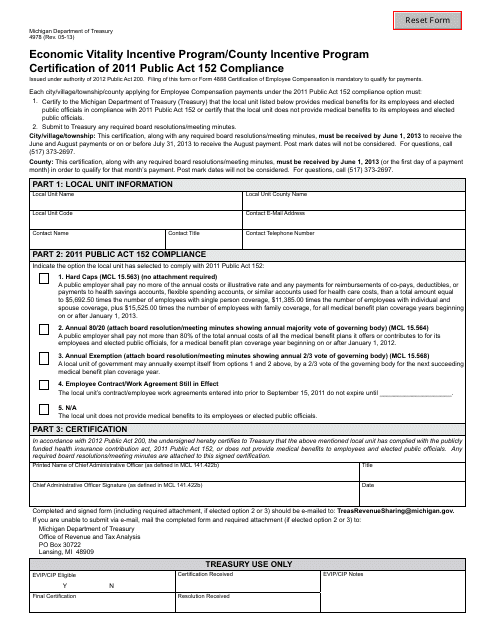 Form 4978 Economic Vitality Incentive Program/County Incentive Program Certification of 2011 Public Act 152 Compliance - Michigan
