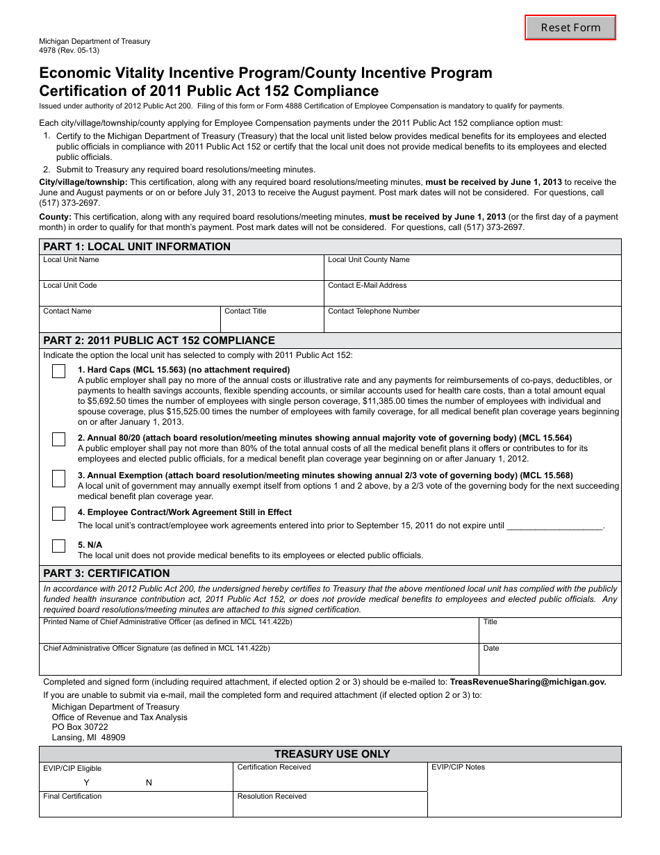 Form 4978 Economic Vitality Incentive Program / County Incentive Program Certification of 2011 Public Act 152 Compliance - Michigan, Page 1