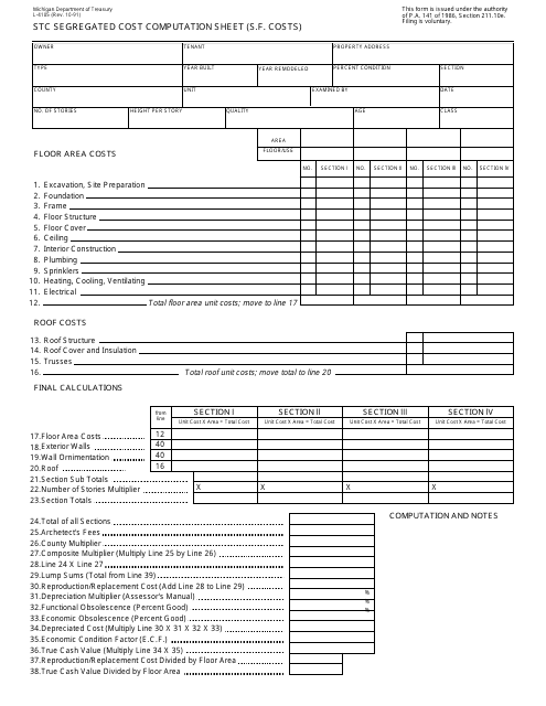 Form L-4105 Stc Segregated Cost Computation Sheet (S.f. Costs) - Michigan